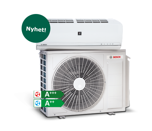 Bosch luftvärmepump Compress 8000 innedel på utedel med energidekaler